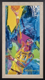 1984 Original LeRoy Neiman Oil Painting Of Famous Skyhook in 23x41 Framed Display Signed By 1983-84 Los Angeles Lakers (Abdul-Jabbar LOA & JSA)